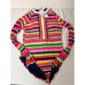 Trina Turk XL Striped Long Sleeve One Piece Rash Guard Swimsuit paddleboard new